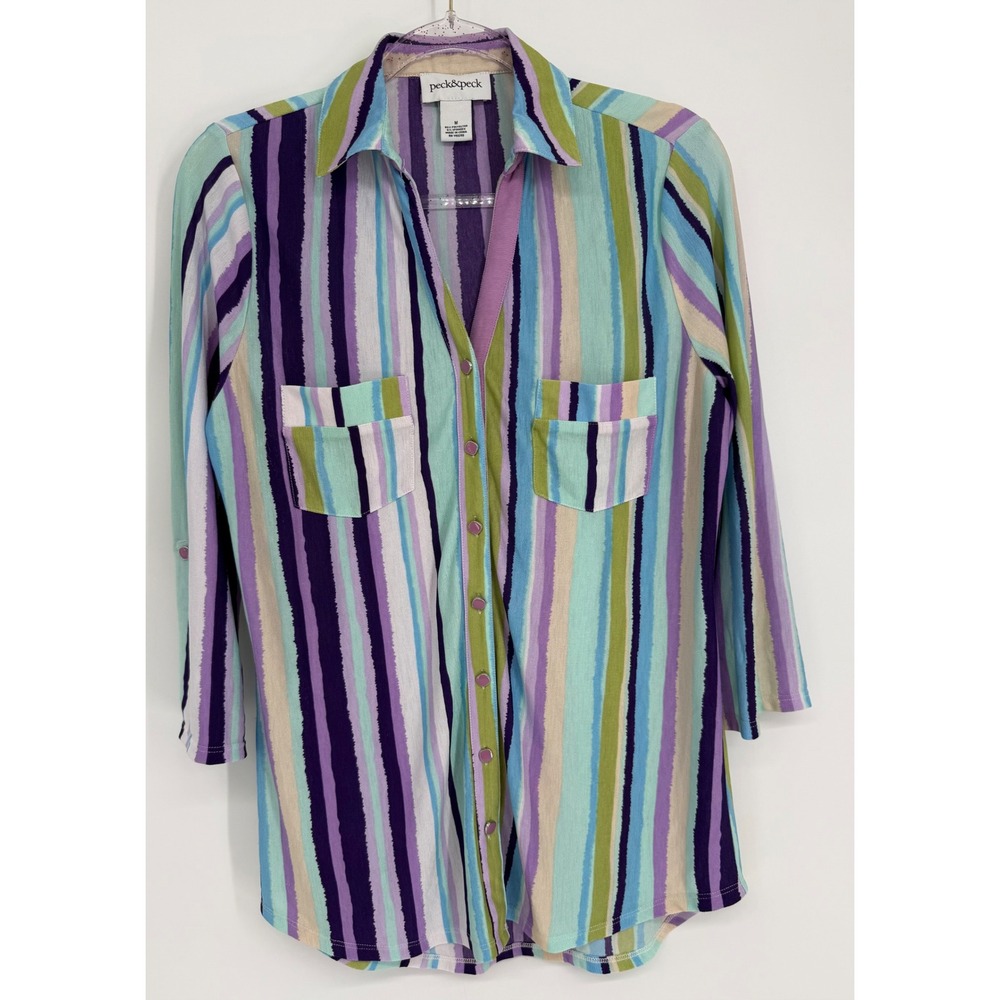 Peck & Peck Womens Purple Green Striped Button Down Tunic Top Sz M